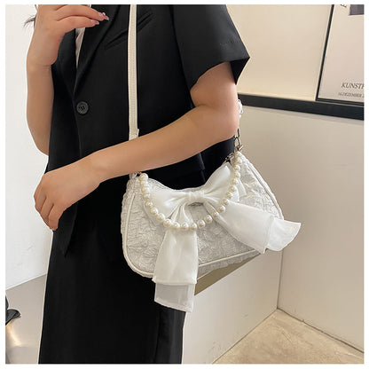 Realaiot Fashion Pearl Chains Design Female Shoulder Messenger Bag Sweet Bow Ladies Crossbody Bags Flower Pattern Women Square Handbags