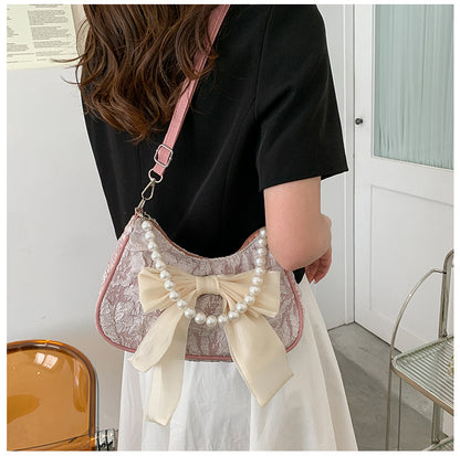 Realaiot Fashion Pearl Chains Design Female Shoulder Messenger Bag Sweet Bow Ladies Crossbody Bags Flower Pattern Women Square Handbags