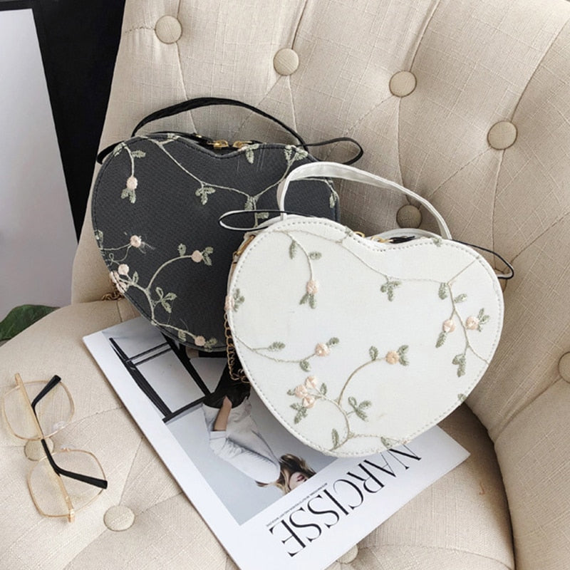 Realaiot Female Sweet Lace Heart Round Handbags High Quality PU Leather Cross Body Bags for Women Small Fresh Flower Chain Shoulder Bags