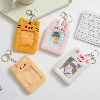 Realaiot Korea Cute Bear Rabbit Plush Photocard Holder Kawaii Kpop Idol Photo Sleeve Case ID Card Cover With Keychain Bag Pendant Decor