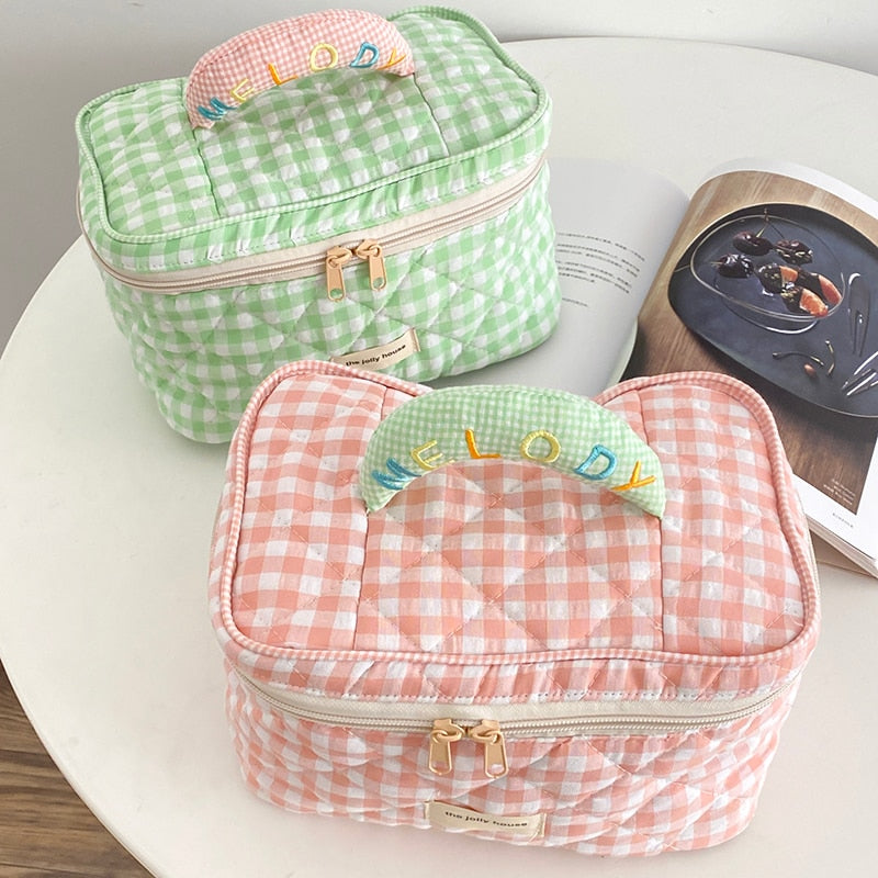 Cyflymder Plaid Pattern Toiletries Case Flip Makeup Bag With Zipper Quilted Cotton Cosmetics Storage Box For Woman And Girls