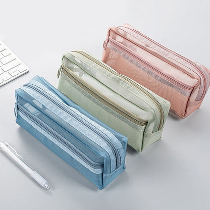 Realaiot Transparent Mesh Pencil Bag Large Capacity Stationery Holder Round Zipper Pencil Pouch Pen Case Students School Supplies