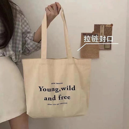 Realaiot Women's Bag Cheap Casual Large Capacity Shoulder Bags Shopper Canvas  Letter Fashion Harajuku Zipper Print Handbags Tote Bag