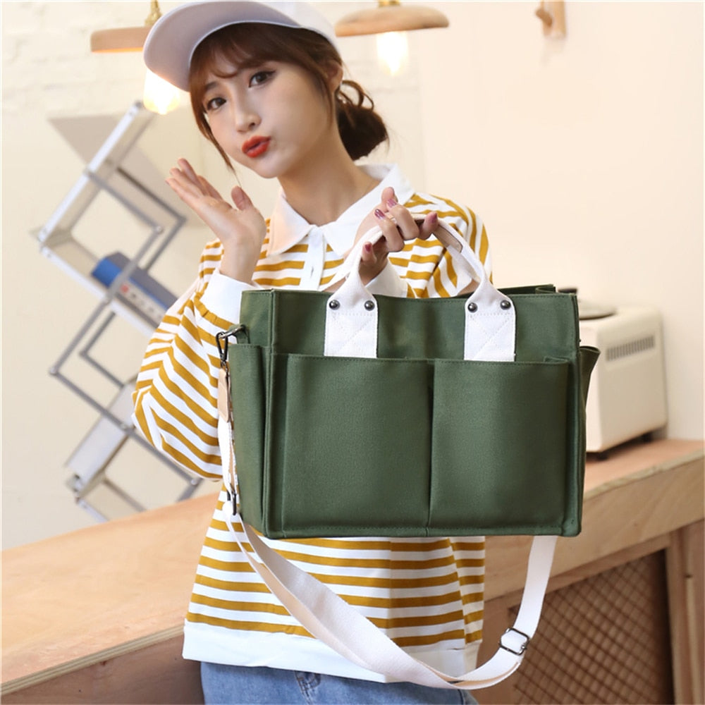 Realaiot Simple Fashion Shoulder Bags For Women New Handbags Waterproof Nylon Canvas Tote Bag With Pockets Crossbody Lunch Bag Bolso