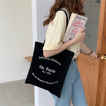 Realaiot Women Canvas Shoulder Bag Paris Letter Print Ladies Casual Handbag Tote Bag Reusable Large Capacity Cotton Shopping Beach Bag