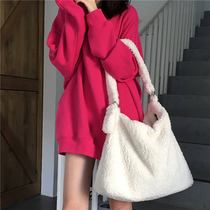 Realaiot Female Bag Soft Plush Aslant Bag Shoulder Bag Large Capacity Artificial Lambs Wool Women Design Casual Large Tote Shopping Sac