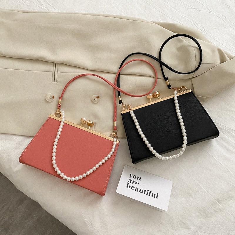 Realaiot Vintage Shoulder Bags Women Fashion Pearl Chain Handbag Kiss Lock Designed Brand Women Small Clip Bags Sac Feminina Bolsa