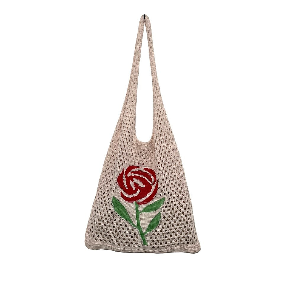 Realaiot Summer Flower Handbag Women'S Knitted Shoulder Bag Large Capacity Shopping Tote Simple Woven Hollow Mesh Beach Bags New