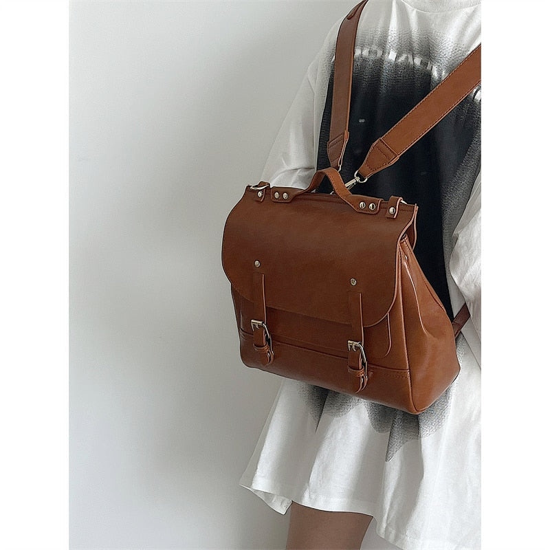 Realaiot Vintage Pu Leather Women's Small Backpack Shoulder Bag College Style Ladies Messenger Bag Retro Girls Book Tote Casual Handbags