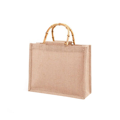 Cyflymder Portable Burlap Jute Shopping Bag Handbag Bamboo Loop Handles Tote Retro DIY Bag Handbag Women Big Size Beach Bag For Girls