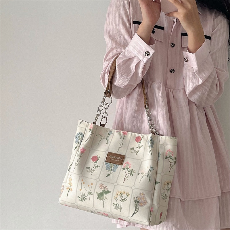 Realaiot Women's Large Capacity Tote Bag Retro Flower Print Female Shoulder Bag Vintage Design Ladies Chain Commuter Bags Flora Handbags