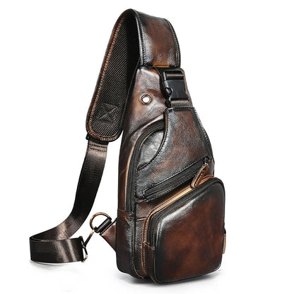 Realaiot Top Quality Crazy horse Leather Triangle Crossbody Chest Sling Bag For Men Design Travel One Shoulder Bag Daypack Male