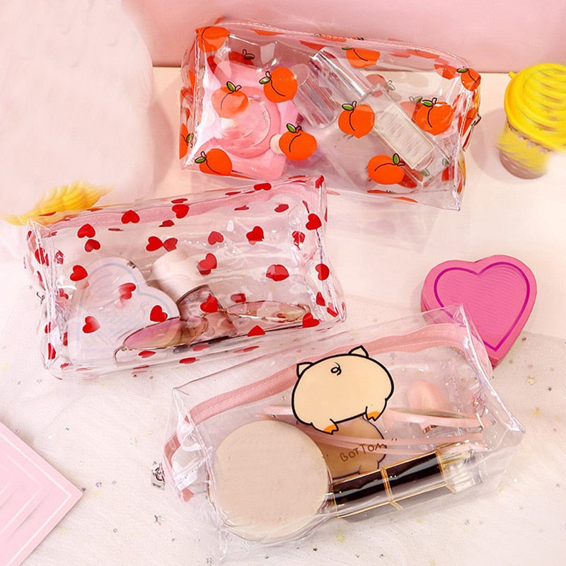 Realaiot Clear Makeup Bag Fashion Transparent Travel Portable Mini Wash Storage Bags Strawberry Flower Print Women Zipper Cosmetic Bag