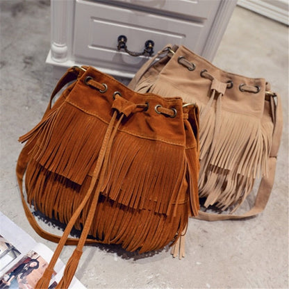 Realaiot Fashion Retro Faux Suede Fringe Women Messenger Bags Tote New Handbag Tassel Shoulder Handbags Crossbody Bag Tassel Bucket