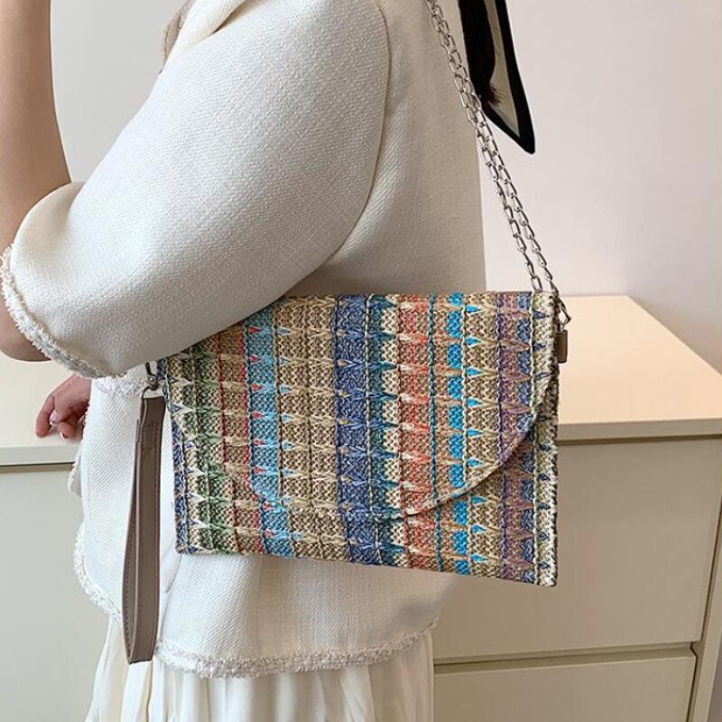 Realaiot Straw Envelope Bag Leisure Ethnic Fashion Chain Shoulder Bags  Messenger Bag Texture Small Square Bag for Vacation