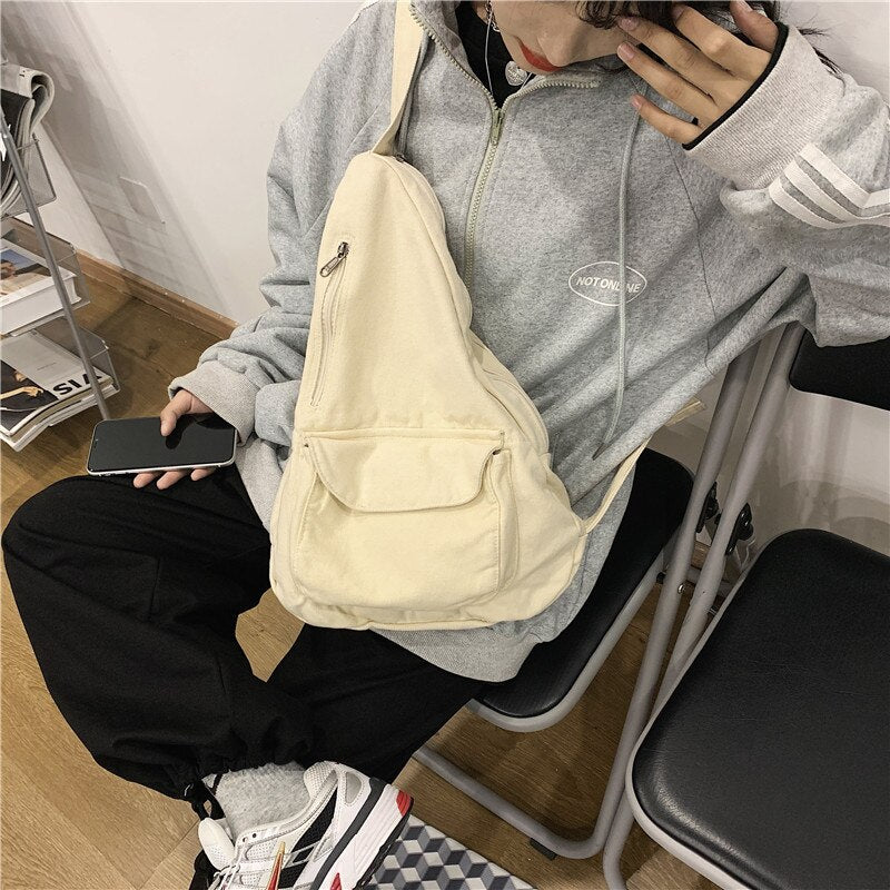 Realaiot Canvas Chest Bag Women Women Shoulder Messenger Bag Unisex Canvas Crossbody Bag Muliti Pocket Casual Women Bag