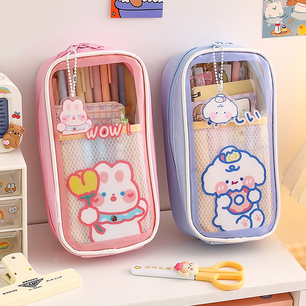 Realaiot 1pc Large Capacity Pencil Case Kawaii Transparent Cosmetic Bag Waterproof Pen Bag Cute Student School Stationery