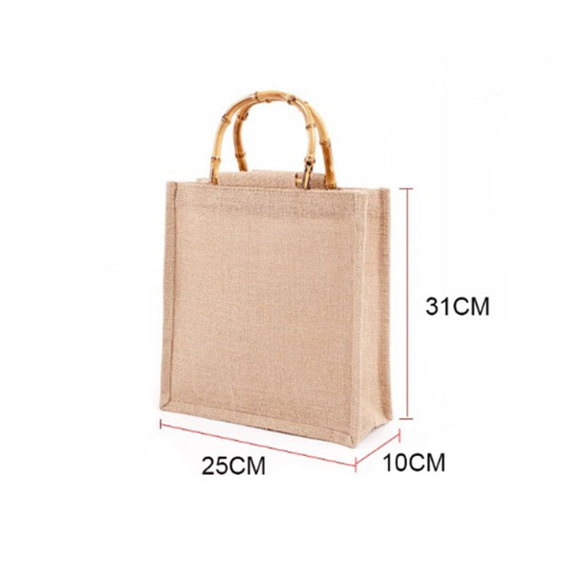 Cyflymder Portable Burlap Jute Shopping Bag Handbag Bamboo Loop Handles Tote Retro DIY Bag Handbag Women Big Size Beach Bag For Girls