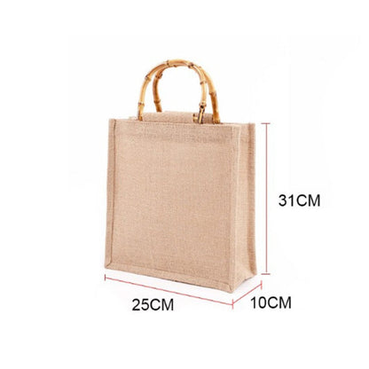 Cyflymder Portable Burlap Jute Shopping Bag Handbag Bamboo Loop Handles Tote Retro DIY Bag Handbag Women Big Size Beach Bag For Girls