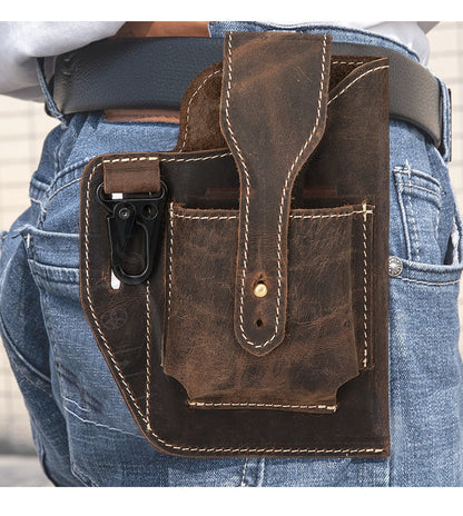 Realaiot Vintage Crazy Horse Leather Small Summer Hip Bum Pouch Hook Design Cigarette Case 7" Phone Pouch Fanny Waist Pack Belt Bag