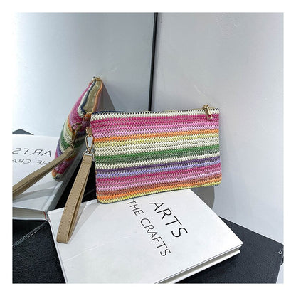 Realaiot Colorful Wave Straw Woven Bag Women's Flip Clutch Bag Summer Beach Handbag Hand-woven Bag Mobile Phone Bag Female Purse Wallet