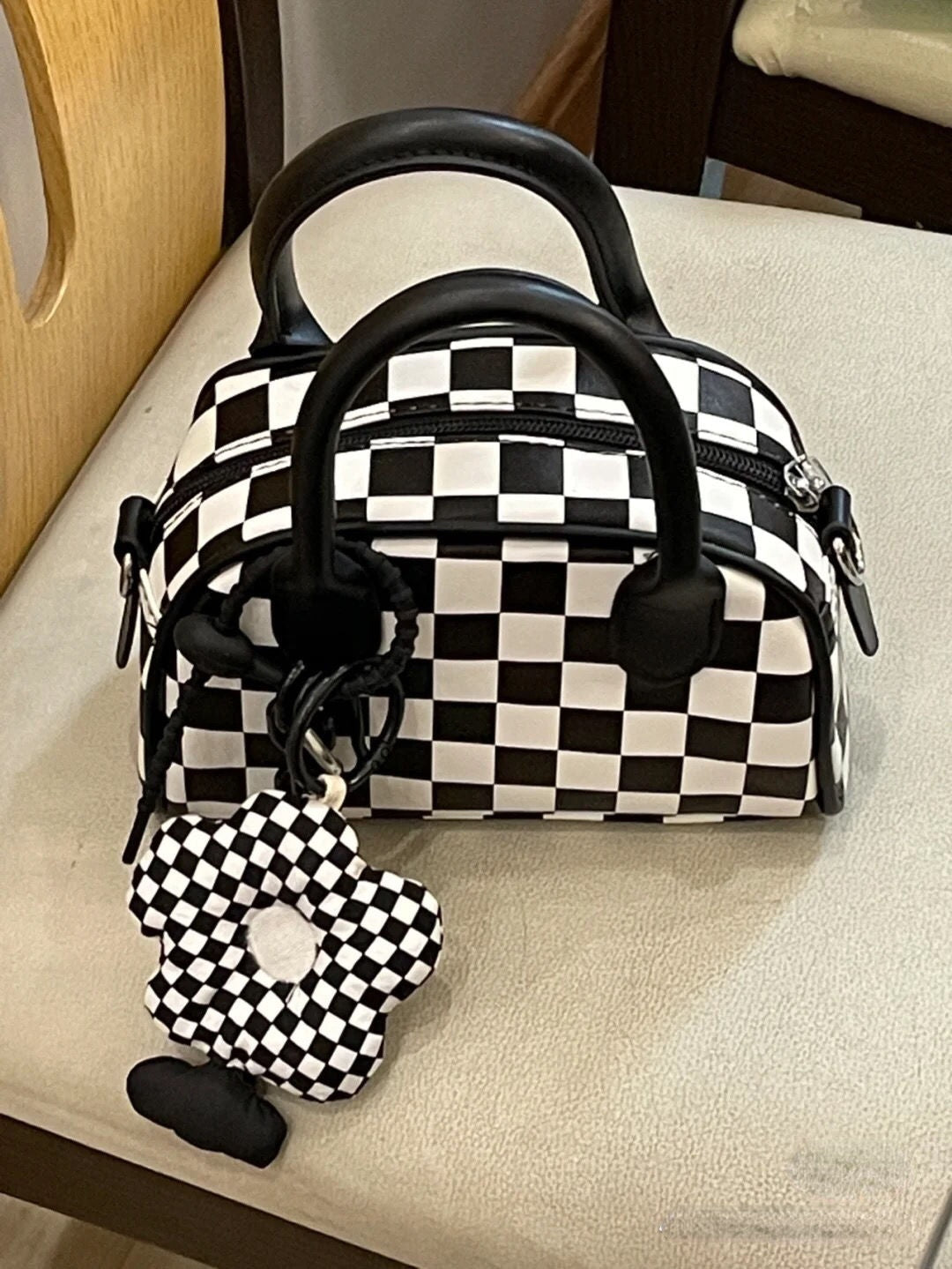 Realaiot Black White Plaid Boston Bag Checkerboard Small Handbags For Women With Flower Pendant Messenger Bag Female Womens Pouch