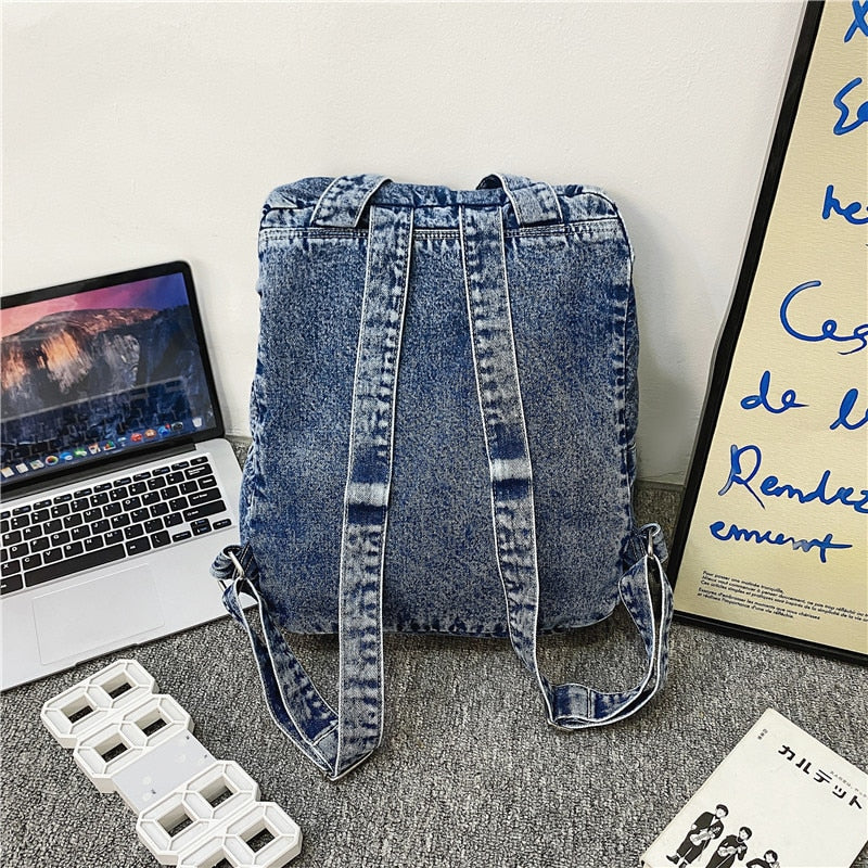 Cyflymder New Denim Women Backpack Retro Travel Bagpack Large Capacity Backbag College Student School Bags for Teenager Girls Rugtas