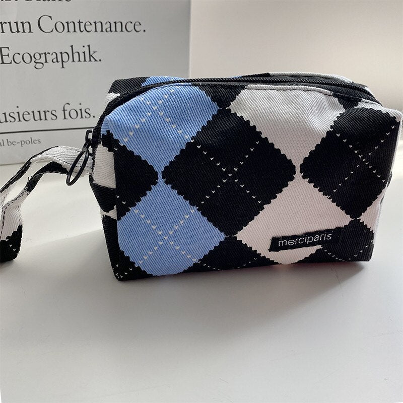 Realaiot Japanese Style Plaid Cosmetic Bag Women Canvas Handbags Purse Organizer Pencil Bags Lipstick Bag Makeup Bag Women Leopard Bag