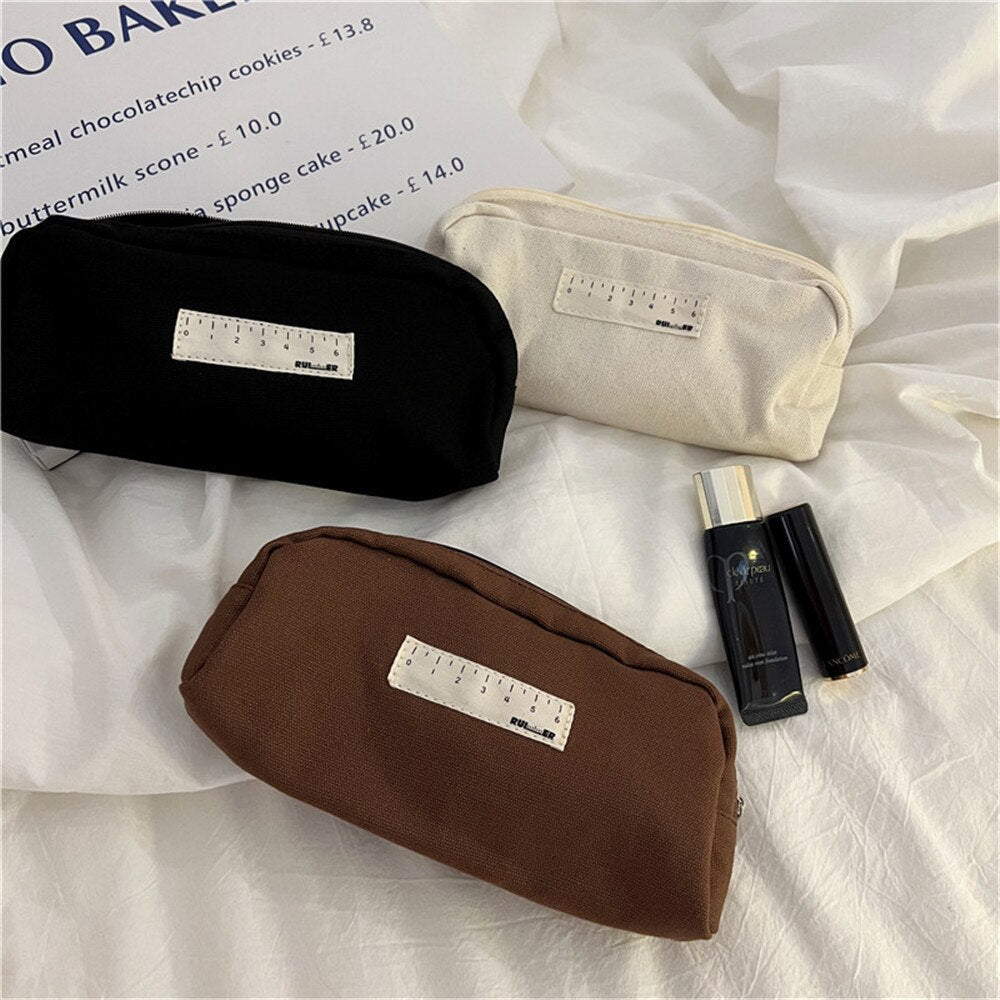 Realaiot Japanese Ins Style Black And Beige Cosmetic Pencil Case Korea Junior High School Canvas Writing Pencilcase Pen Bag For Girls