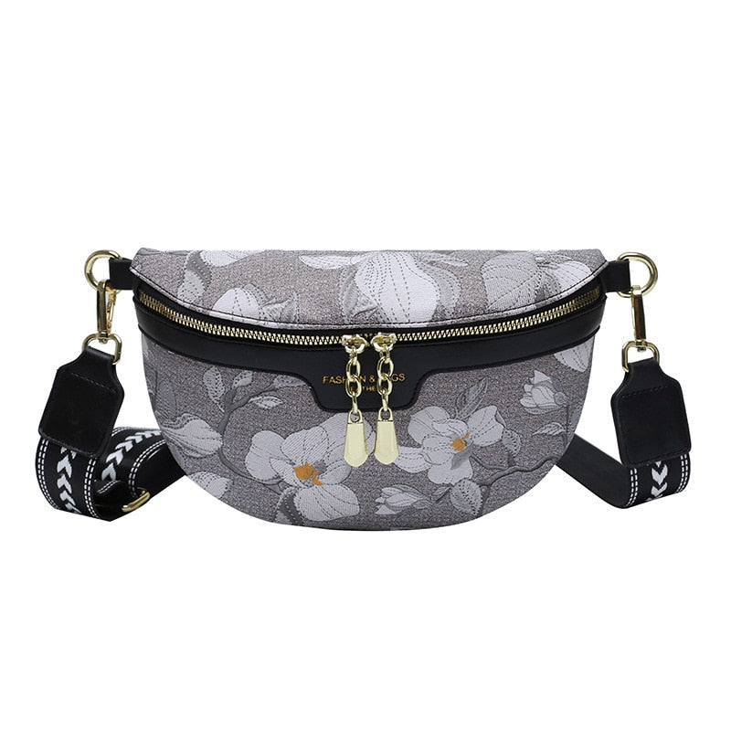 Realaiot Elegant Flower Printed PU Leather Waist Bags For Women Chain Zipper Waist Pack Female Fanny Pack Wide Strap Crossbody Chest Bag