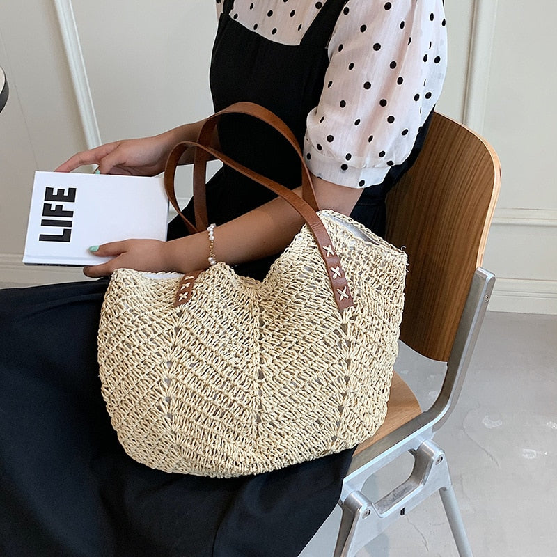 Realaiot Weave Tote Bag Female Bohemian Shoulder Bags for Women Summer Beach Straw Handbags and Purses Lady Travel Shopping Bags