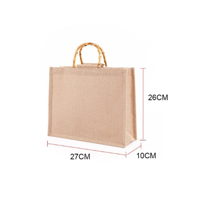 Cyflymder Portable Burlap Jute Shopping Bag Handbag Bamboo Loop Handles Tote Retro DIY Bag Handbag Women Big Size Beach Bag For Girls