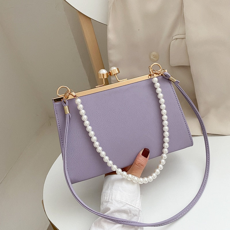 Realaiot Vintage Shoulder Bags Women Fashion Pearl Chain Handbag Kiss Lock Designed Brand Women Small Clip Bags Sac Feminina Bolsa