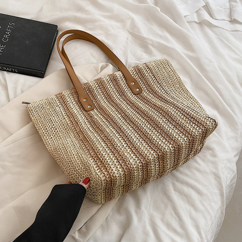 Realaiot Summer Straw Woven Top-Handle Handbags Casual Large Capacity Women Shoulder Bags Shopping Bags Beach Vacation Female Totes Bags