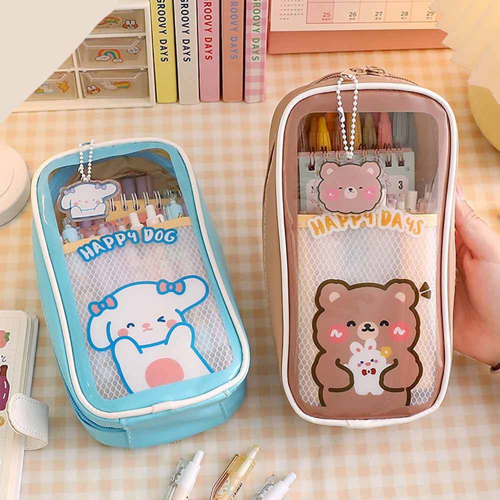 Realaiot 1pc Large Capacity Pencil Case Kawaii Transparent Cosmetic Bag Waterproof Pen Bag Cute Student School Stationery