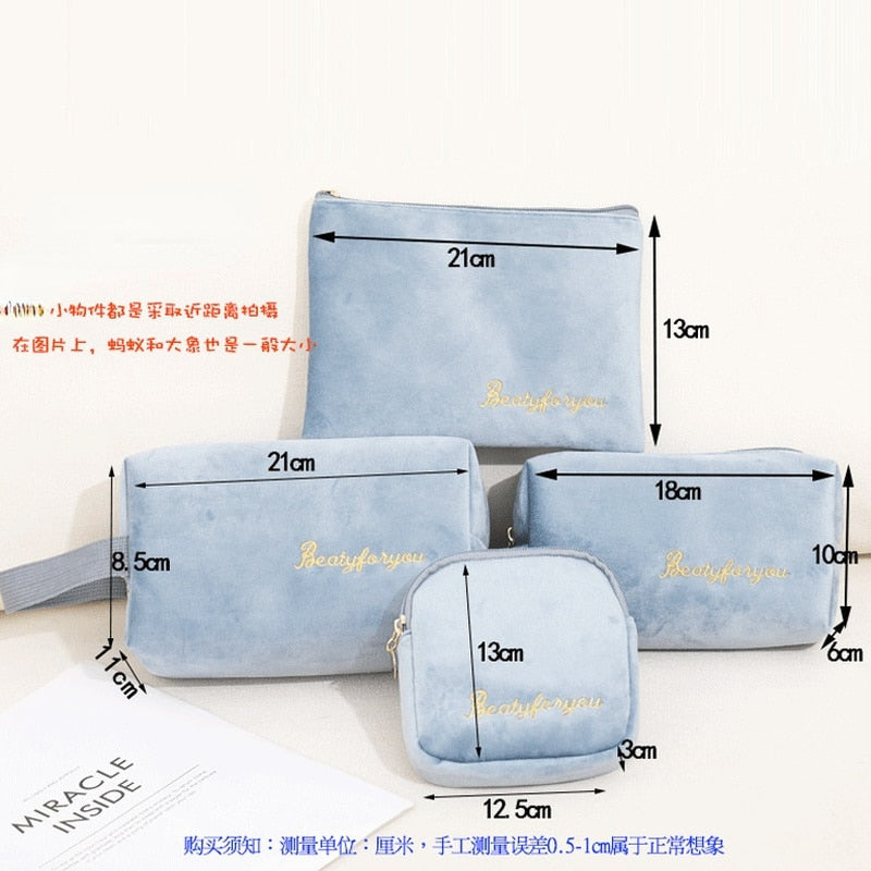 Realaiot 4pics Set Velvet Cosmetic Bag Ins Fashion Letter Embroidered Cosmetic Storage Bags Women Portable Travel Makeup Box