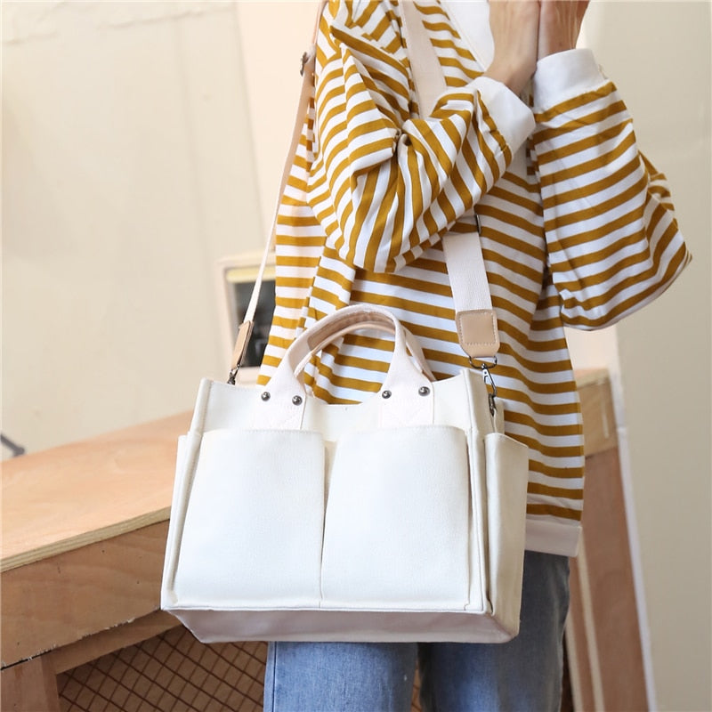 Realaiot Simple Fashion Shoulder Bags For Women New Handbags Waterproof Nylon Canvas Tote Bag With Pockets Crossbody Lunch Bag Bolso