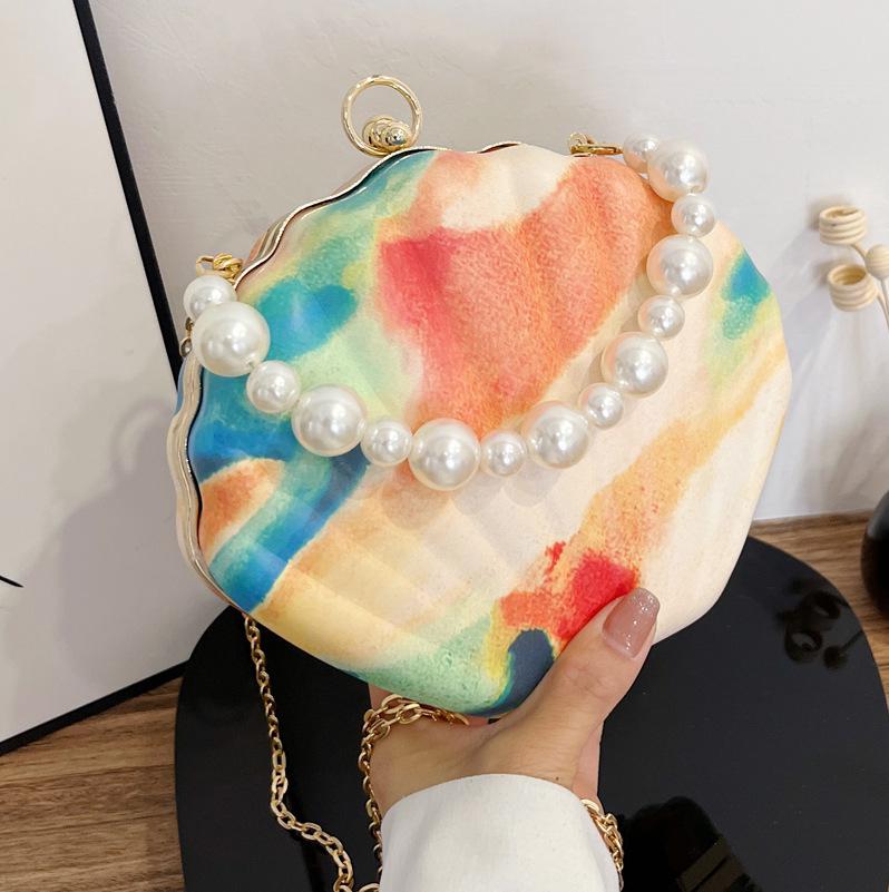 Realaiot Evening Bags Shell Shape Women Clutch Bags New Wedding Bridal Handbag Pearl Beaded Fashion Shell Chain Party Bags