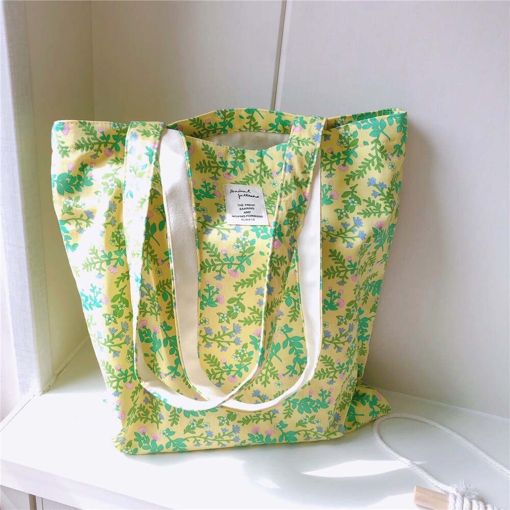 Realaiot Women Canvas Shopping Bag Floral Print Books Bag Female Cotton Cloth Shoulder Bag Eco Handbag Tote Reusable Grocery Shopper Bags