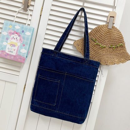 Realaiot Vintage Denim Splicing Shoulder Bag Fashion Student Class Bags Casual Large Capacity Canvas Tote Underarm Bag