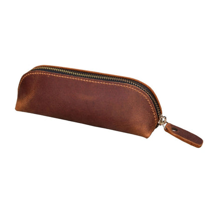 Realaiot Handmade Genuine Leather Pencil Bag Retro Simple Stationery Holder Pen Case Storage Bag Zipper Pencil Pouch Glasses Case