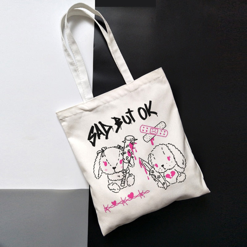 Realaiot Korea Ulzzang Ins Heart Harajuku Women Shoulder Bag Art Gothic School Bag Y2k Anime Canvas Bag Large Capacity Casual Shopper Bag