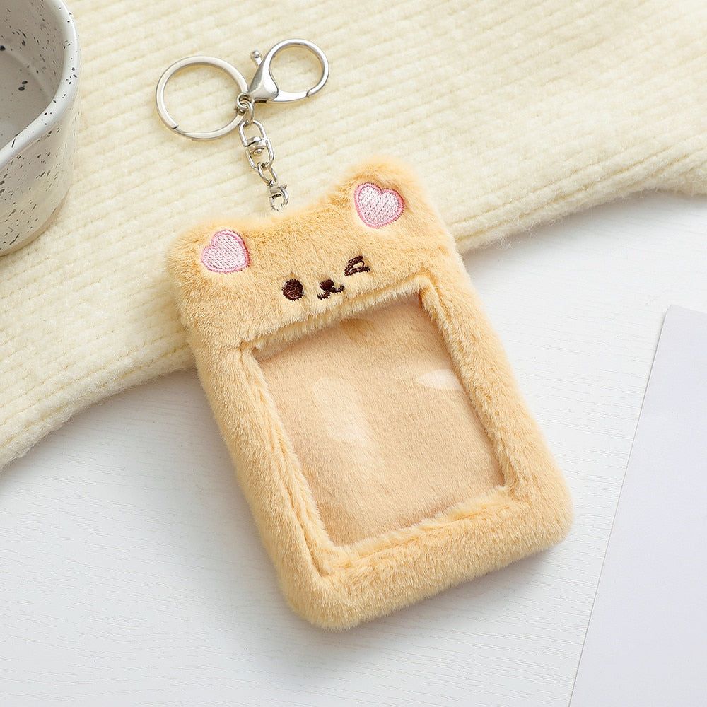 Realaiot Korea Cute Bear Rabbit Plush Photocard Holder Kawaii Kpop Idol Photo Sleeve Case ID Card Cover With Keychain Bag Pendant Decor