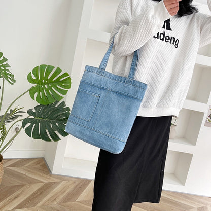 Realaiot Vintage Denim Splicing Shoulder Bag Fashion Student Class Bags Casual Large Capacity Canvas Tote Underarm Bag