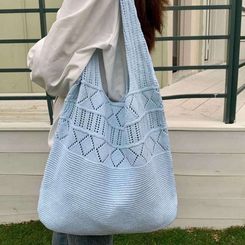 Realaiot Casual Hollow Woven Women Shoulder Bags Designer Knitting Handbags Large Capacity Tote Summer Beach Bag Shopper Sac