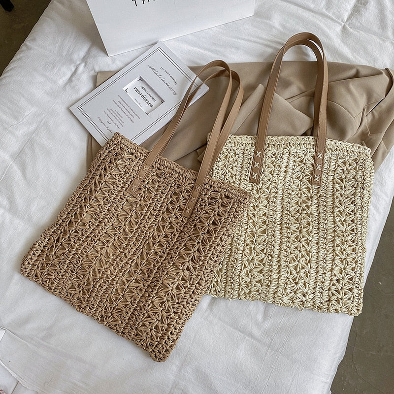 Realaiot Summer Large Capacity Straw Woven Shoulder Bag Hollow Design Beach Bags Travel Casual Lady Shopping Totes Fashion Clutch Handbag