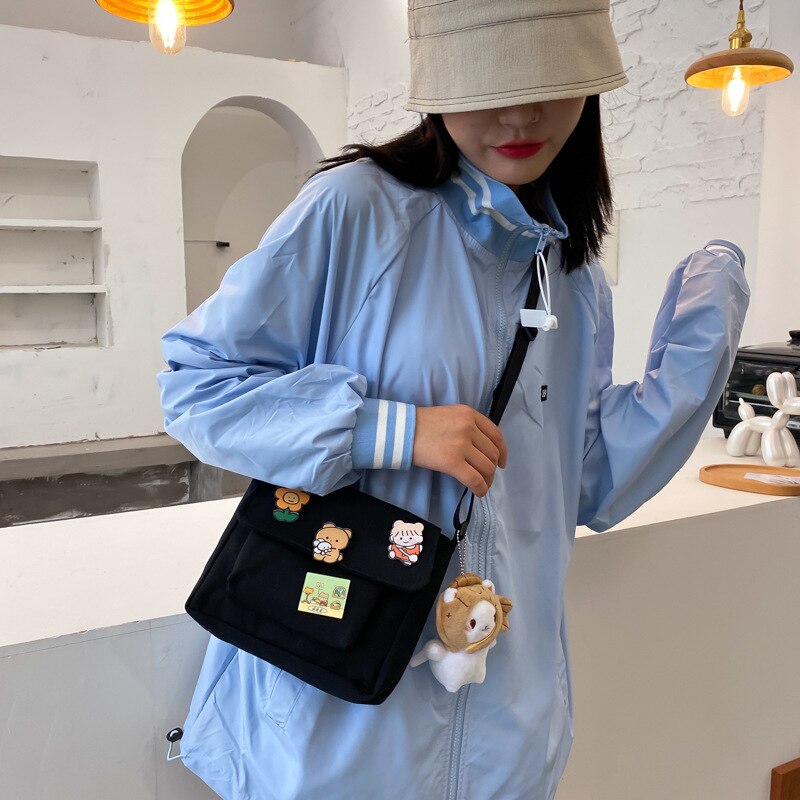 Realaiot Cute Canvas Small Bag Female New Japanese Harajuku Diagonal Bag Wild Student Girl Shoulder Bag Bags for Women