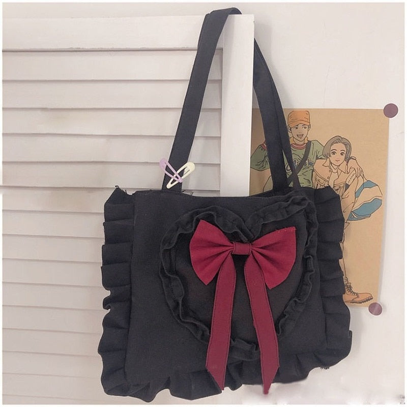 Realaiot Harajuku Shoulder Bag Women Cute Japanese JK Lolita Style Bow Ruffles Canvas Bag Big Shopper With Zipper Woman Purse