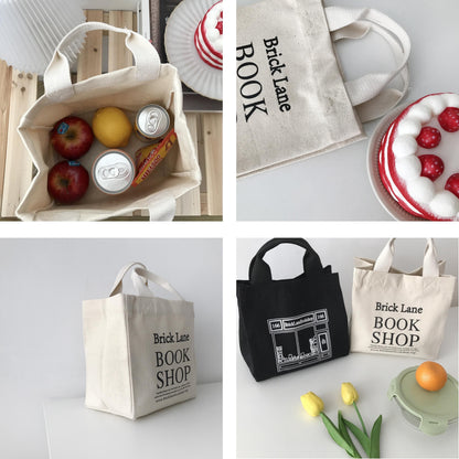 Cyflymder New Canvas Lunch Bag Book Shop Print Lunch Box Picnic Tote Small Handbag Cotton Cloth Reusable Food Storage Bags For Office Lady