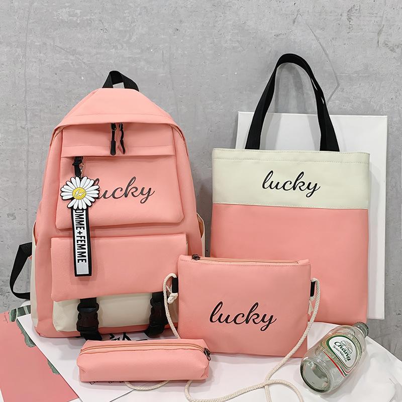 Realaiot 4 PCS New Student Backpack Small Fresh Letters Contrast Color Junior High School Backpack Casual Travel Backpacks